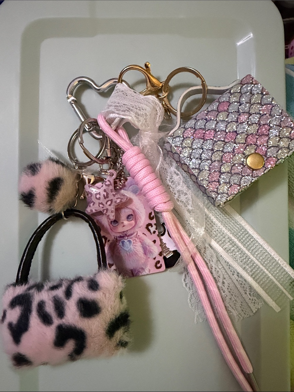 Pink Plush Leopard Keychain Charm with Bow